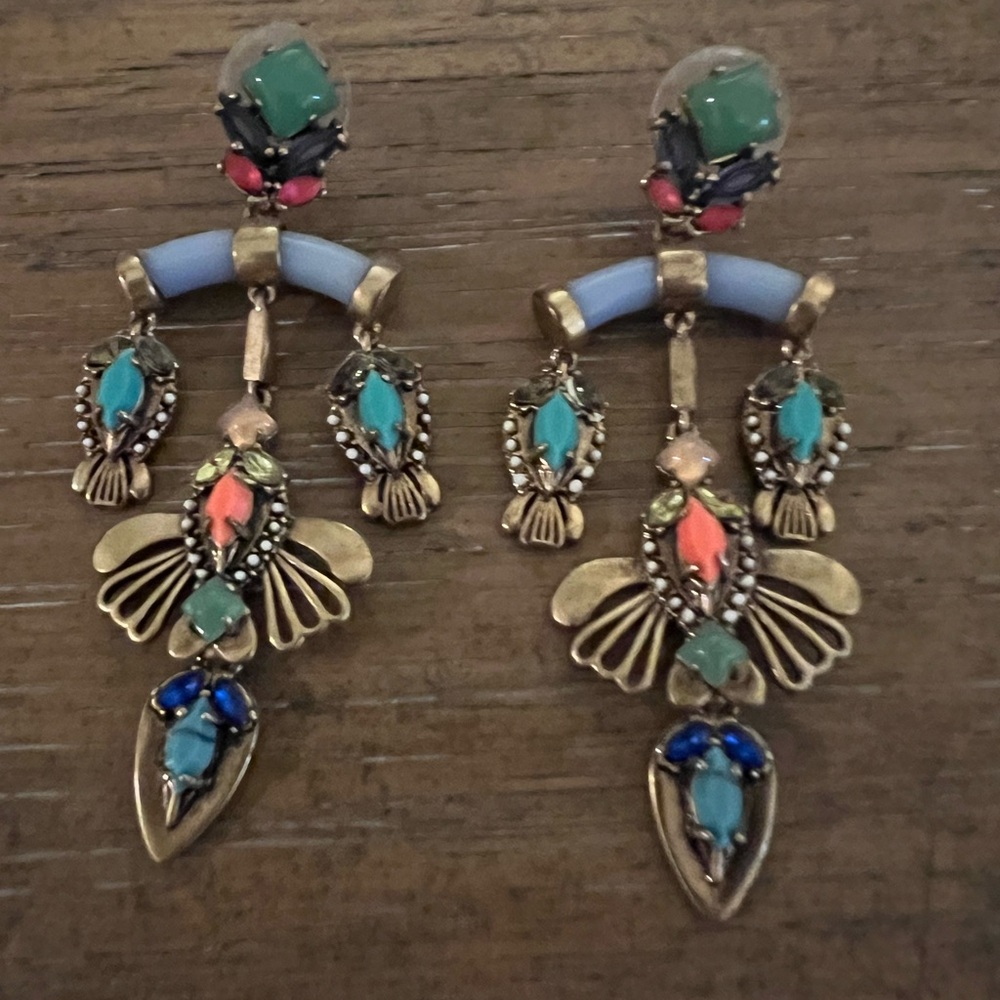 Stella & Dot Gold Earrings with Green and Blue Accents